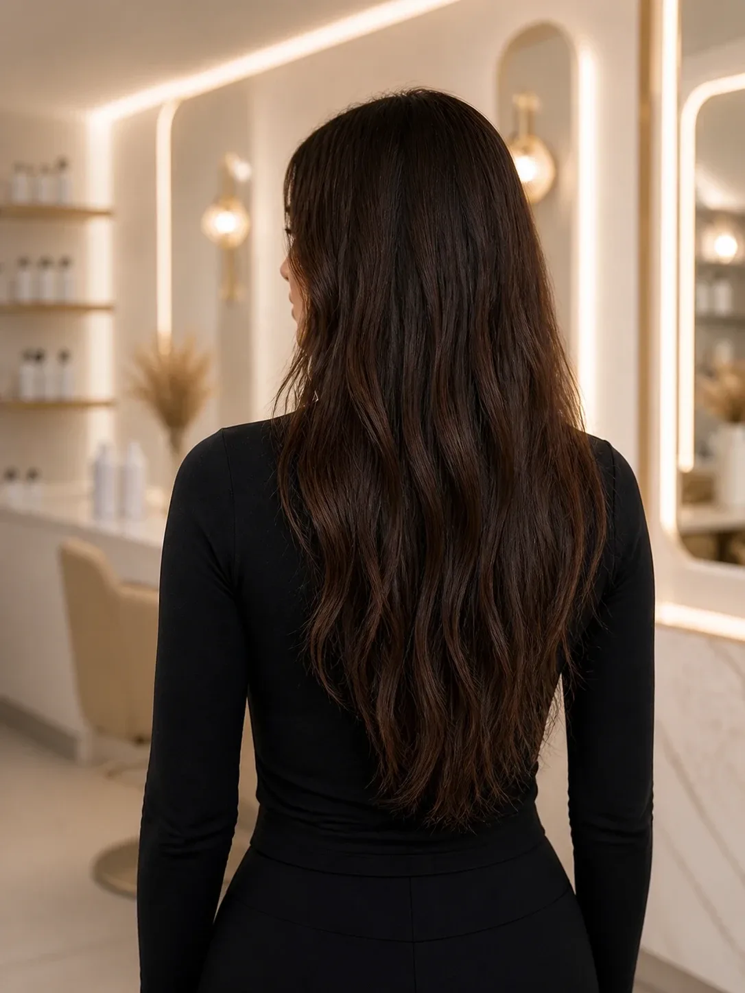 A woman with long, wavy dark brown hair, seen from behind in a contemporary salon space.