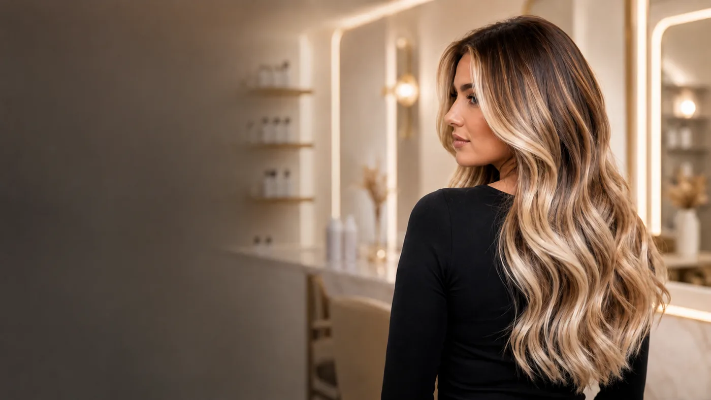 A woman with long, highlighted blonde hair, looking over her shoulder in a modern salon.
